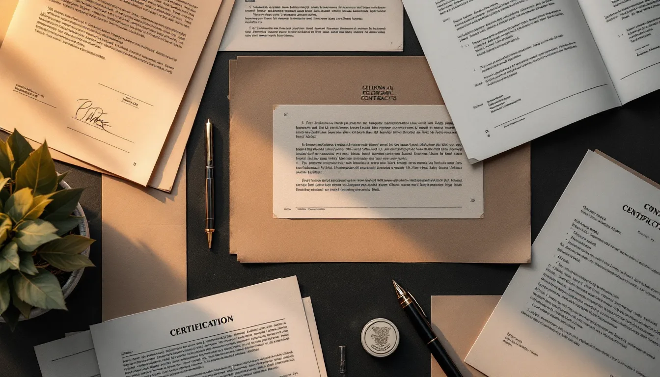 Top-down view of layered translated medical and legal documents with a certification stamp