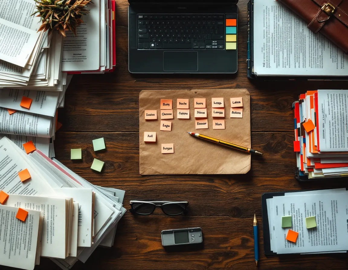 Top-down view of an organized translation desk with language-tabbed documents