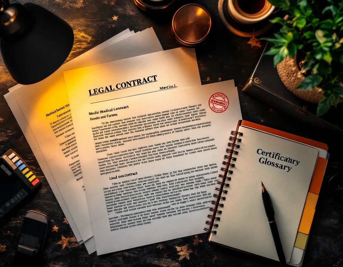 A translator's desk with tabbed medical and legal documents and a certification stamp